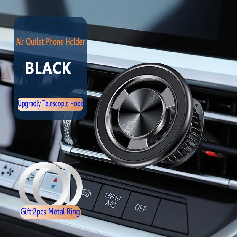 Silver and black magnetic car phone holder with alloy bracket attached to vehicle air vent