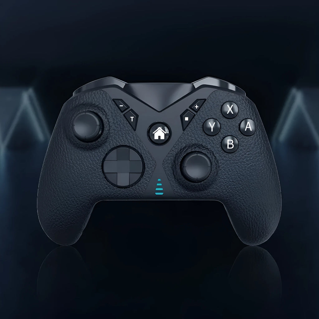 Black wireless Bluetooth gaming controller with leather-pattern texture on grips for Nintendo, PC and phone.