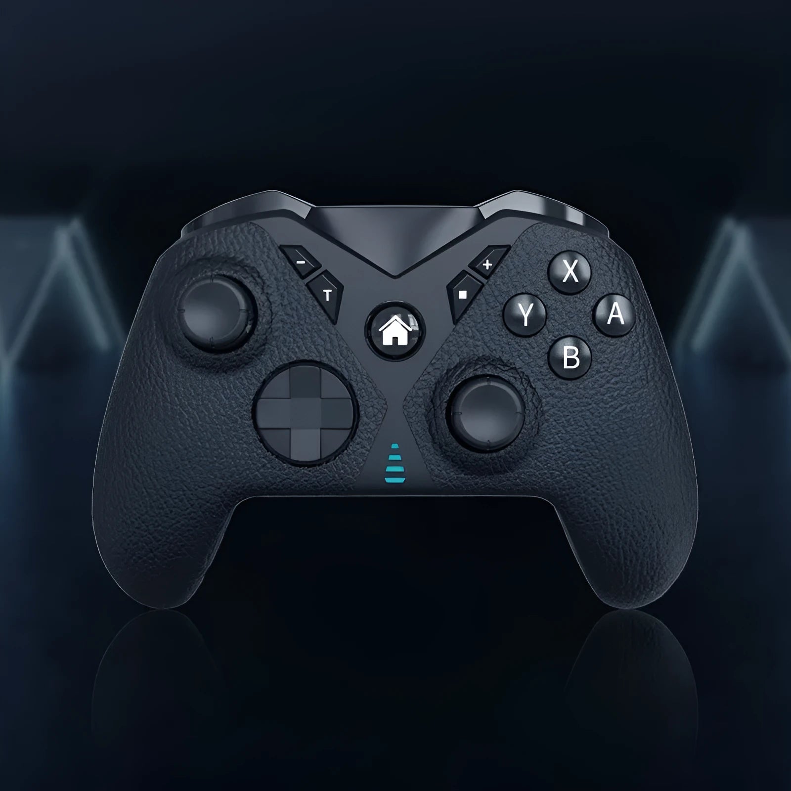 Black wireless Bluetooth gaming controller with leather-pattern texture on grips for Nintendo, PC and phone.