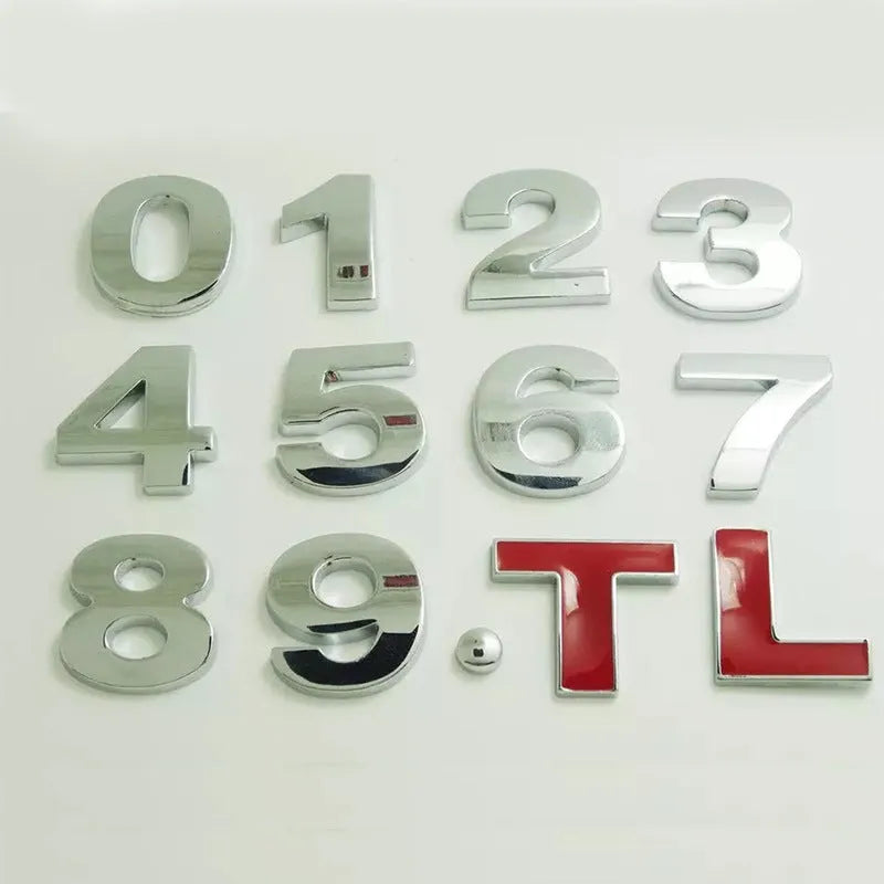 Metal zinc alloy car letter stickers showing dimensional 3D construction in black and silver finishes