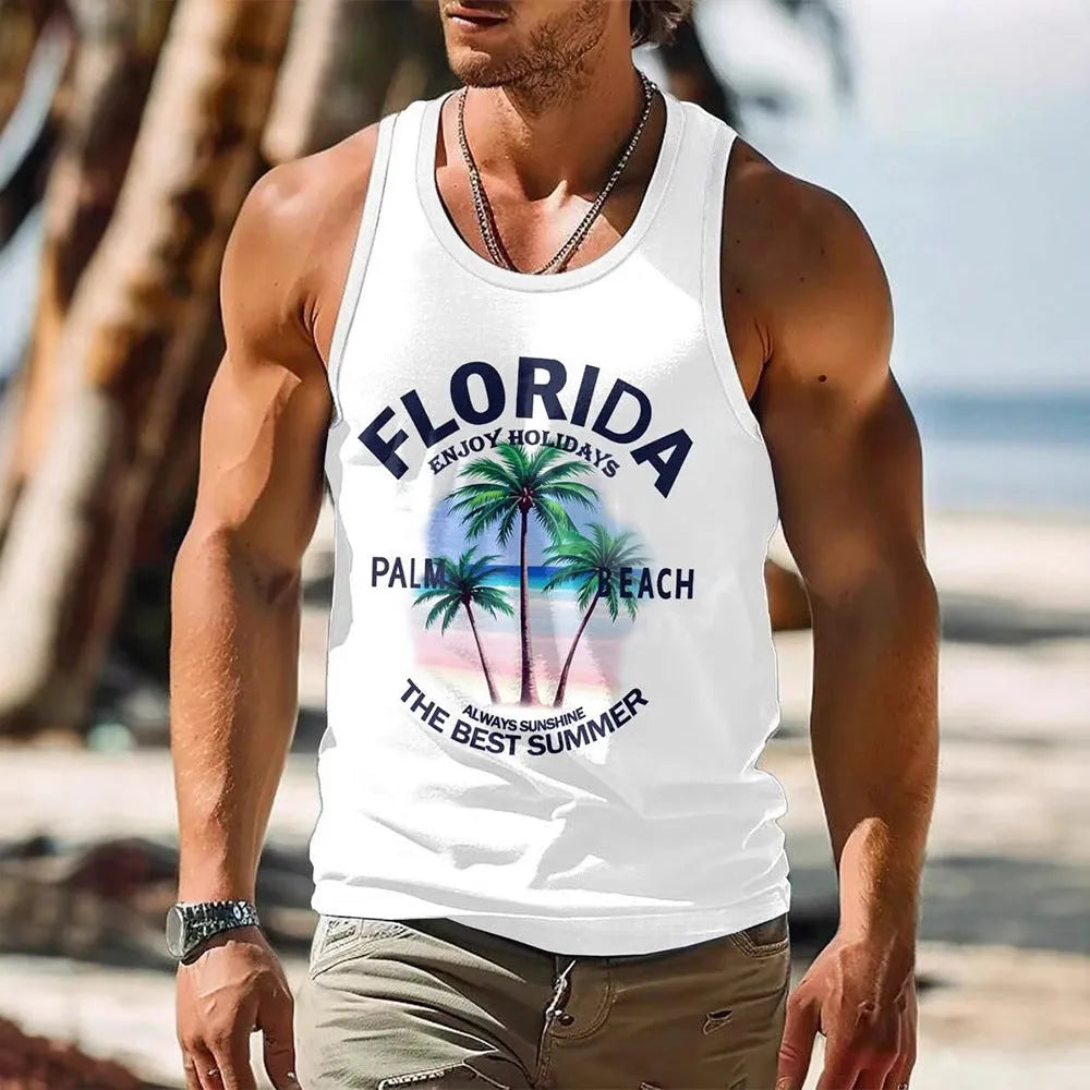 Men's 3D printed Hawaiian style sleeveless vest t-shirt in solid colour with polyester fabric