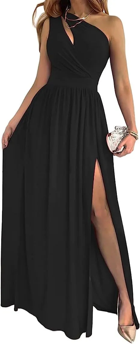 Women's apricot one shoulder sleeveless maxi dress with cutout and high split design.