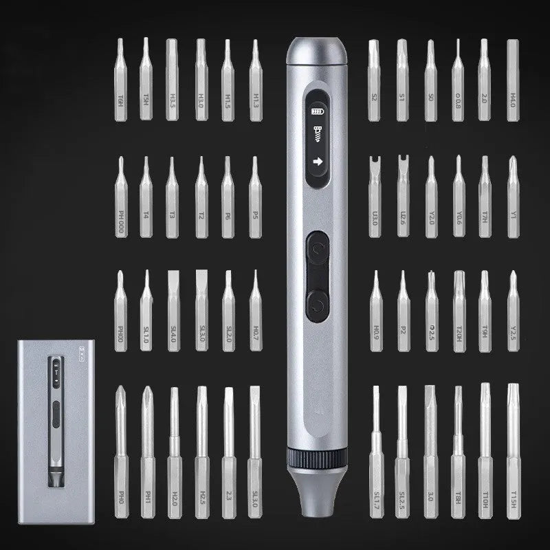 Precision electric screwdriver with aluminium alloy handle, showing compact 134.5mm size.