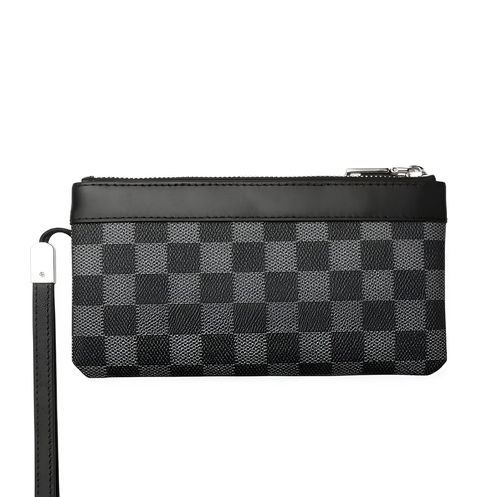 Men's black leather plaid clutch wallet showing 20x10cm dimensions and medium-hardness cowhide texture