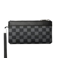 Men's black leather plaid clutch wallet showing 20x10cm dimensions and medium-hardness cowhide texture
