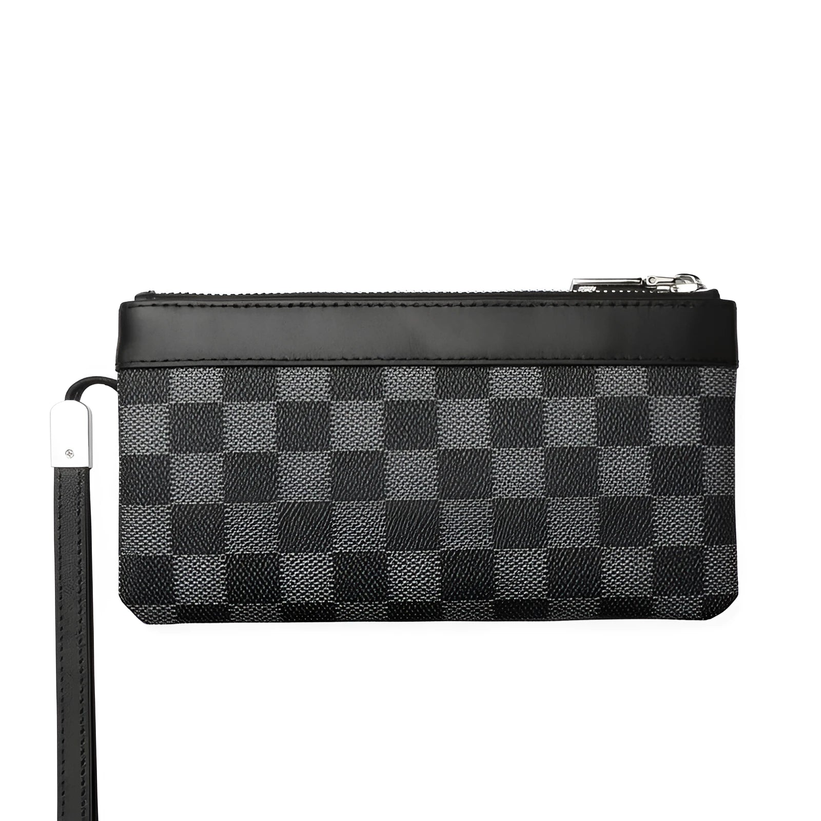 Men's black leather plaid clutch wallet showing 20x10cm dimensions and medium-hardness cowhide texture
