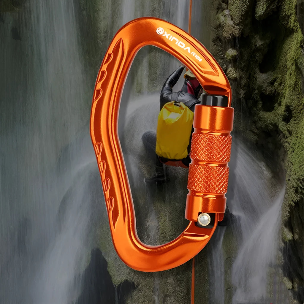 Automatic master lock climbing carabiner in black, blue, orange, red, and silver colours.