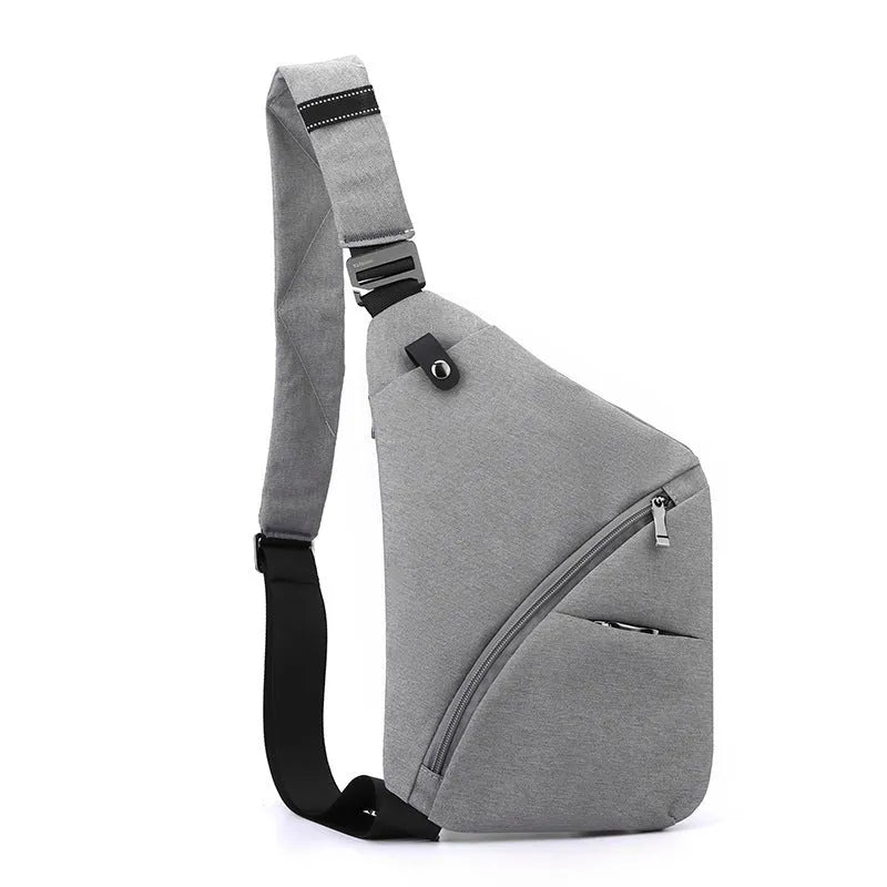 Men's oxford cloth chest bag in grey colour with left shoulder configuration