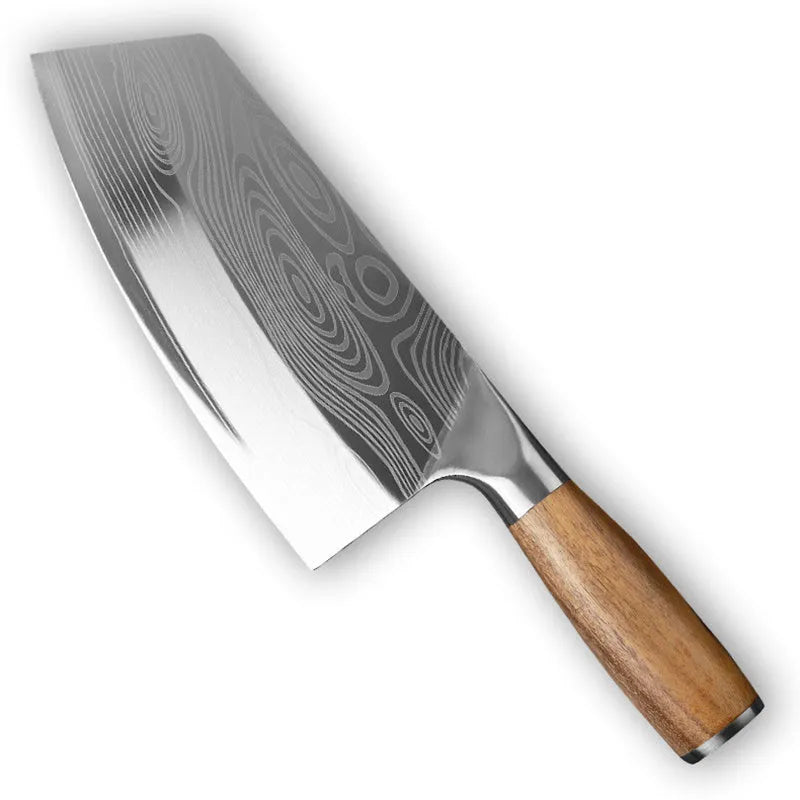 Stainless steel kitchen knife with a 320mm blade on a wooden cutting board.