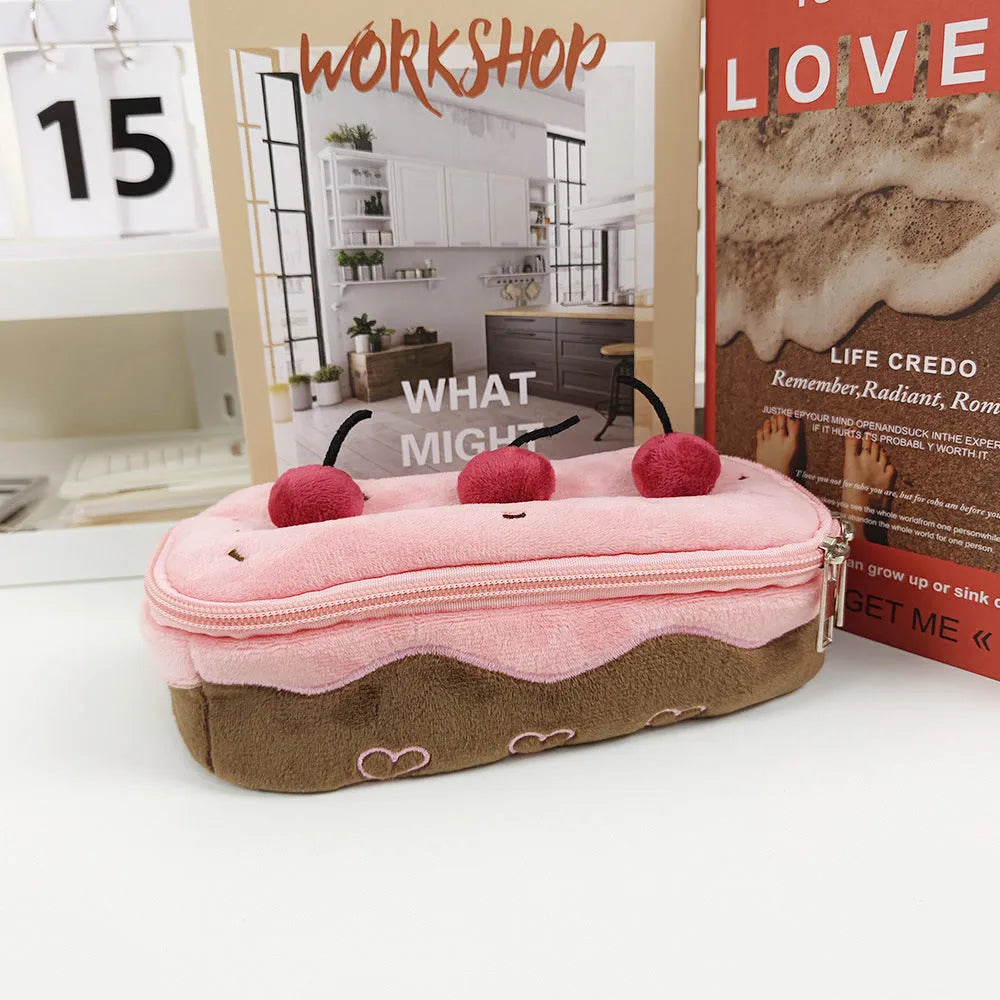Cherry Cake themed plush velvet pencil case with zip closure