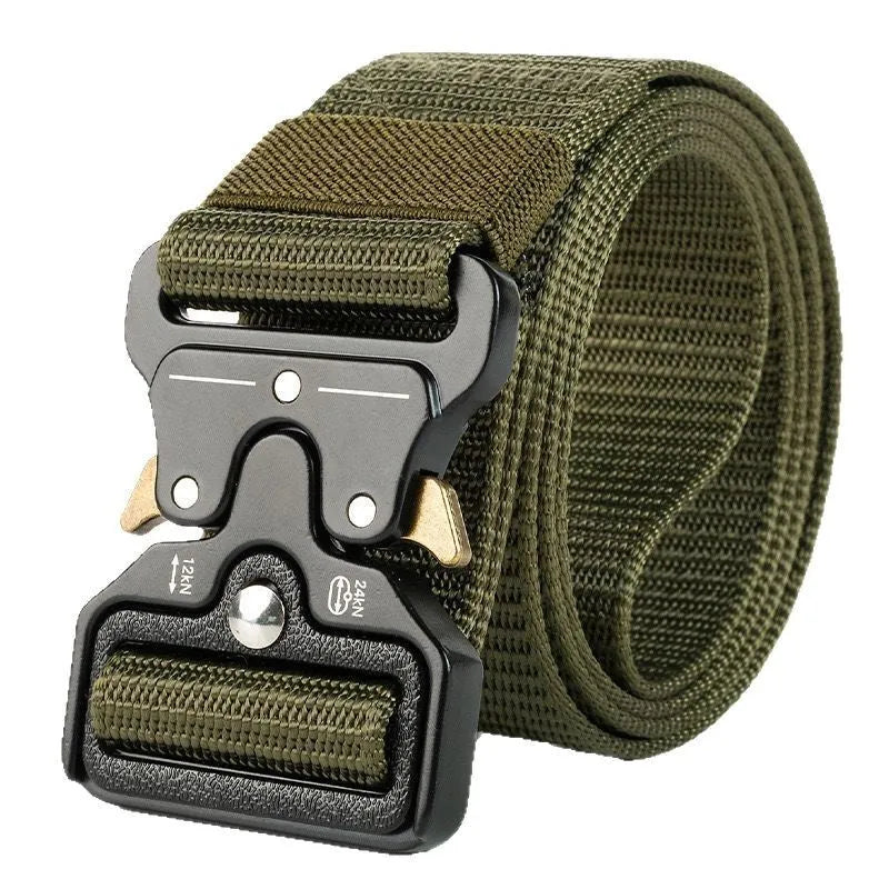 Men's tactical canvas belt with alloy buckle in multiple colour options showing 120cm length