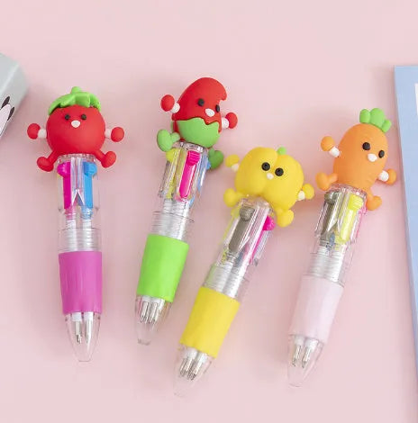 Four-colour press-action ballpoint pen with cartoon-themed refills and 0.7mm bullet tip
