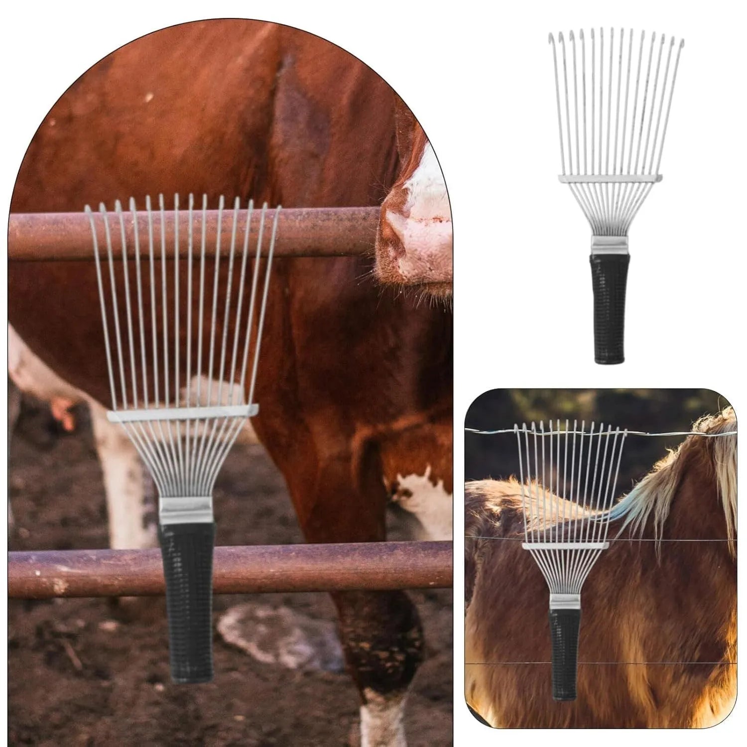 Black stainless steel pet and livestock dematting brush with metal comb teeth, 33cm long.