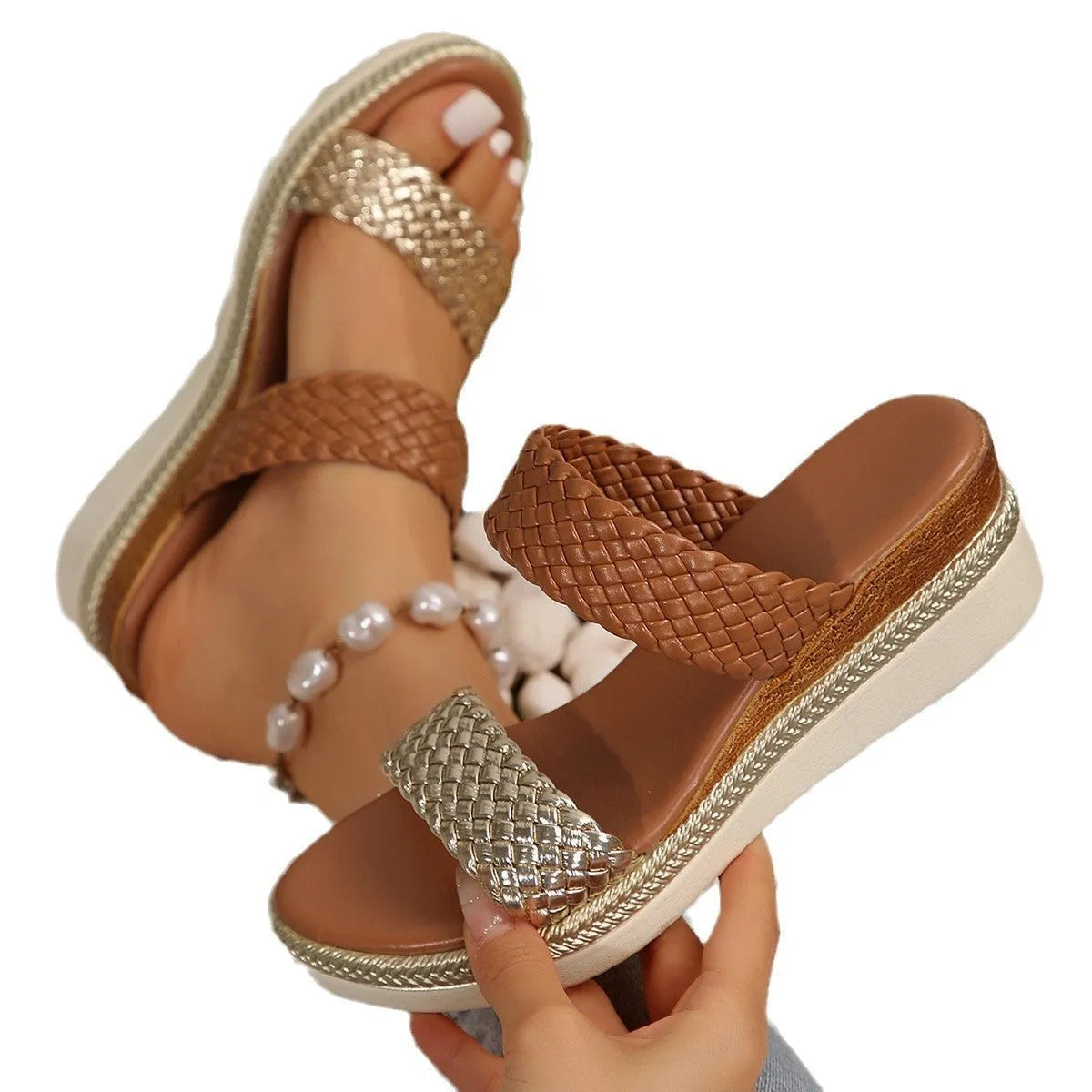 Gold and silver plus size wedge sandals for women on a white background.