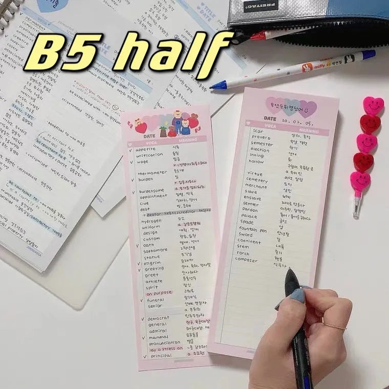 Vertical English learning notepad in half B5 size with double-sided printing and three colour options