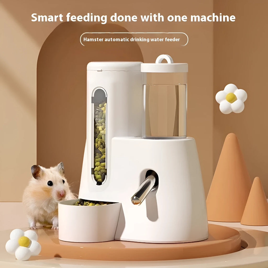 Hamster automatic drinking water feeder with integrated food basin in blue, pink, or white.