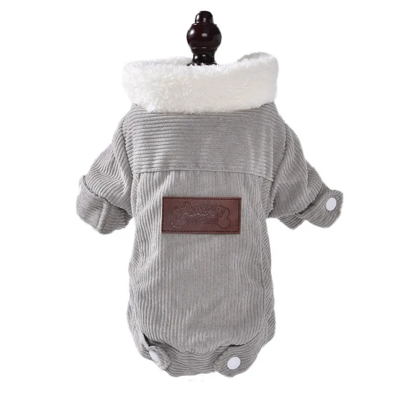 Grey lambswool dog vest with fleece lining shown on a dog model