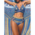 Women's three-piece swimsuit with cross bandage bikini top and high waist briefs in blue colour