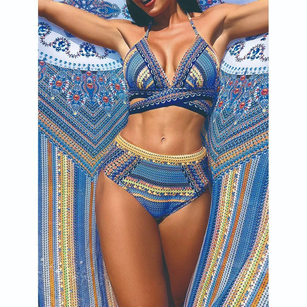 Women's three-piece swimsuit with cross bandage bikini top and high waist briefs in blue colour