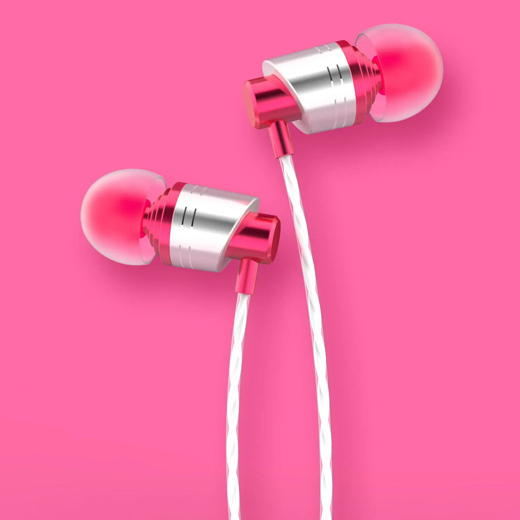Wired in-ear earphones with microphone, 3.5mm plug, and silicone tips in black, blue, and red colours.