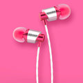 Wired in-ear earphones with microphone, 3.5mm plug, and silicone tips in black, blue, and red colours.