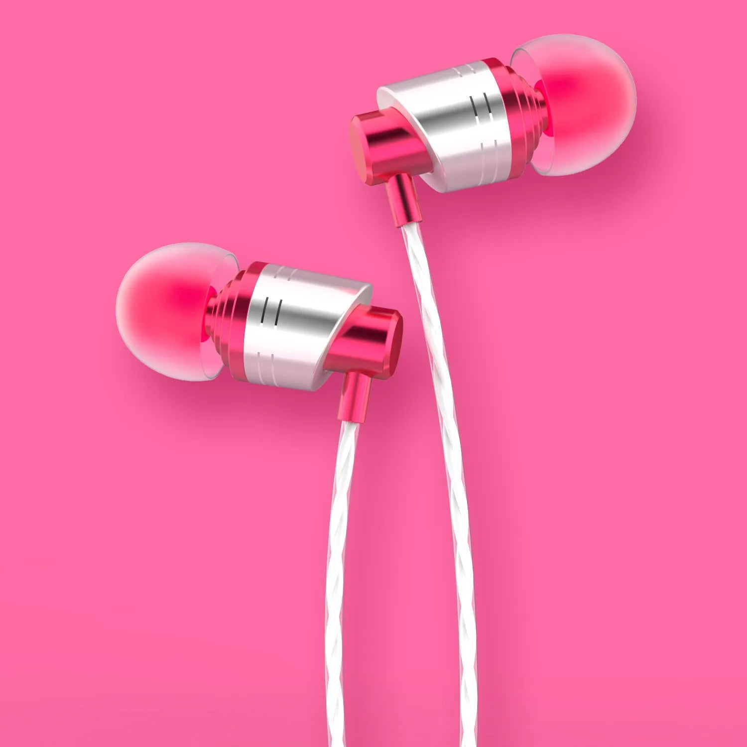 Wired in-ear earphones with microphone, 3.5mm plug, and silicone tips in black, blue, and red colours.