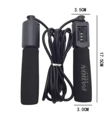 Adjustable skipping rope with blue foam handles and heavy-duty PVC cable on a grey background