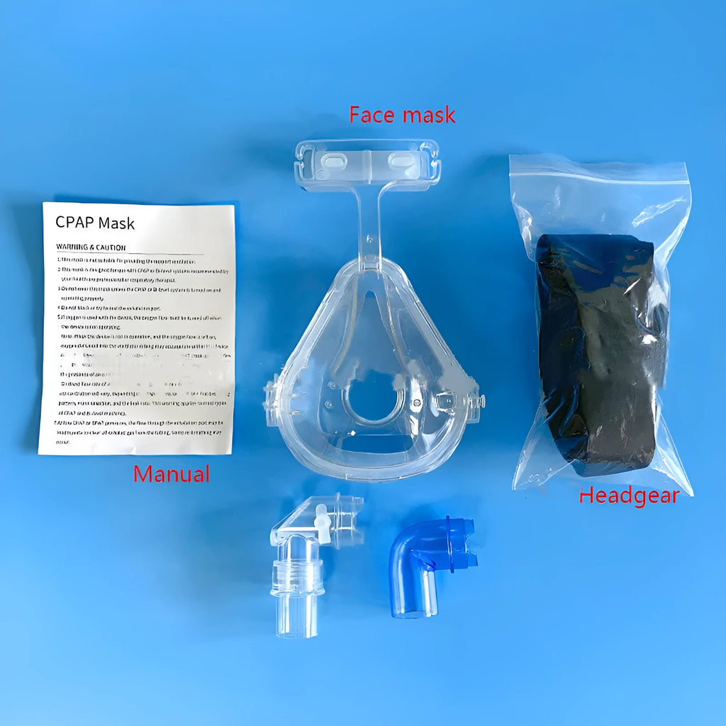 Transparent silicone CPAP breathing mask with headgear and elbow connectors