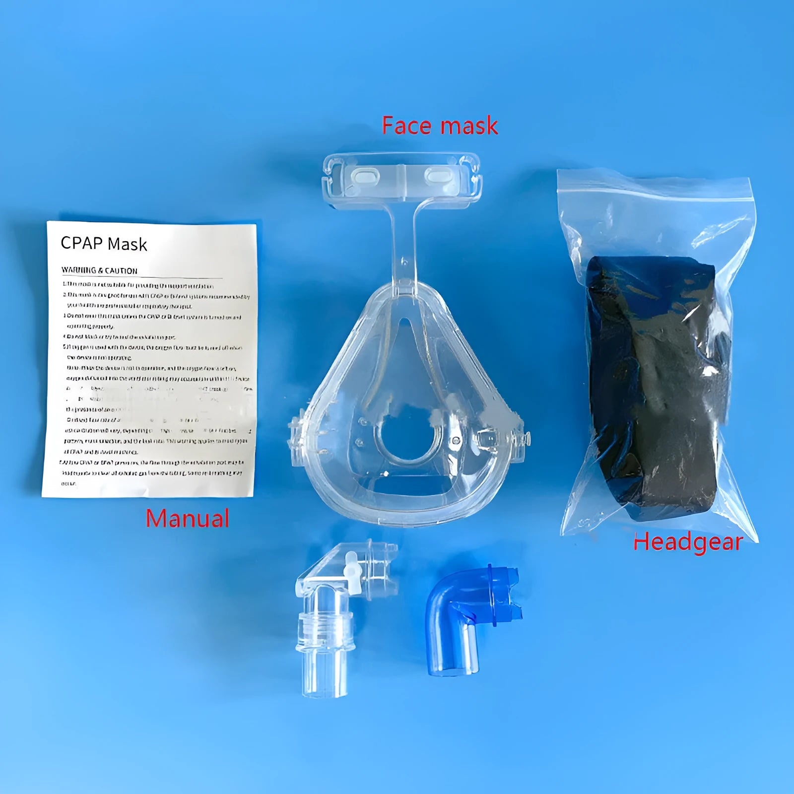Transparent silicone CPAP breathing mask with headgear and elbow connectors