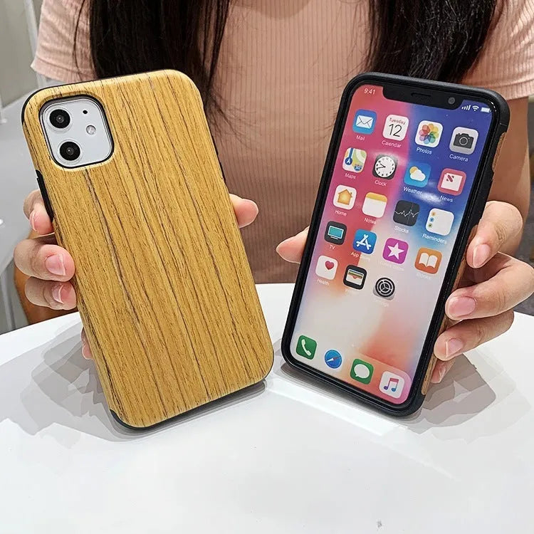 Slim wooden bamboo iPhone back cover case for iPhone 11 Pro shown in a teak wood finish.