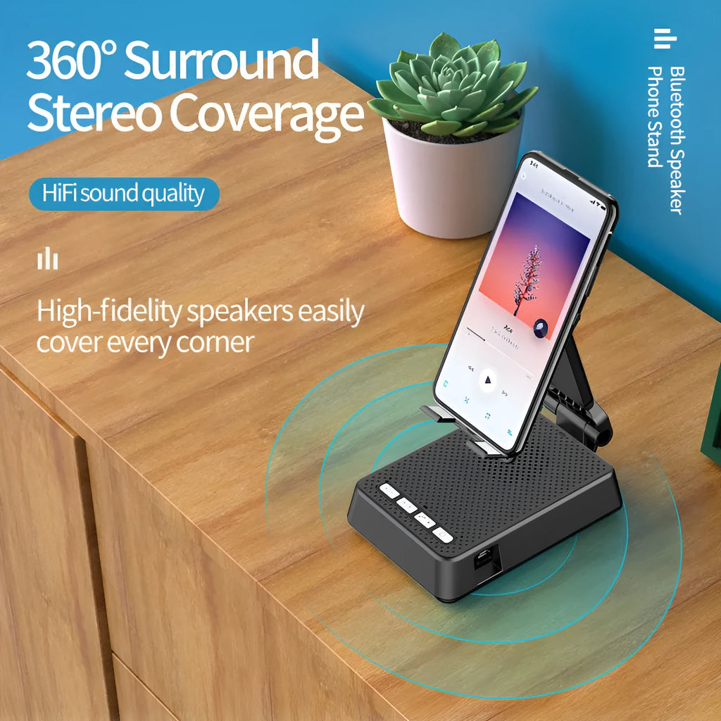 Black mobile phone broadcaster stand with wireless Bluetooth speaker and integrated HD microphone on desk