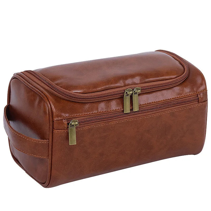 Large waterproof cosmetic storage bag in brown PU leather with a retro style design.