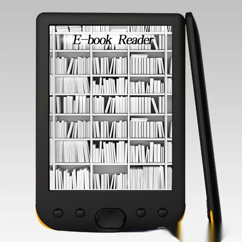 Black 6-inch E-ink e-book reader showing the screen and device from the front.