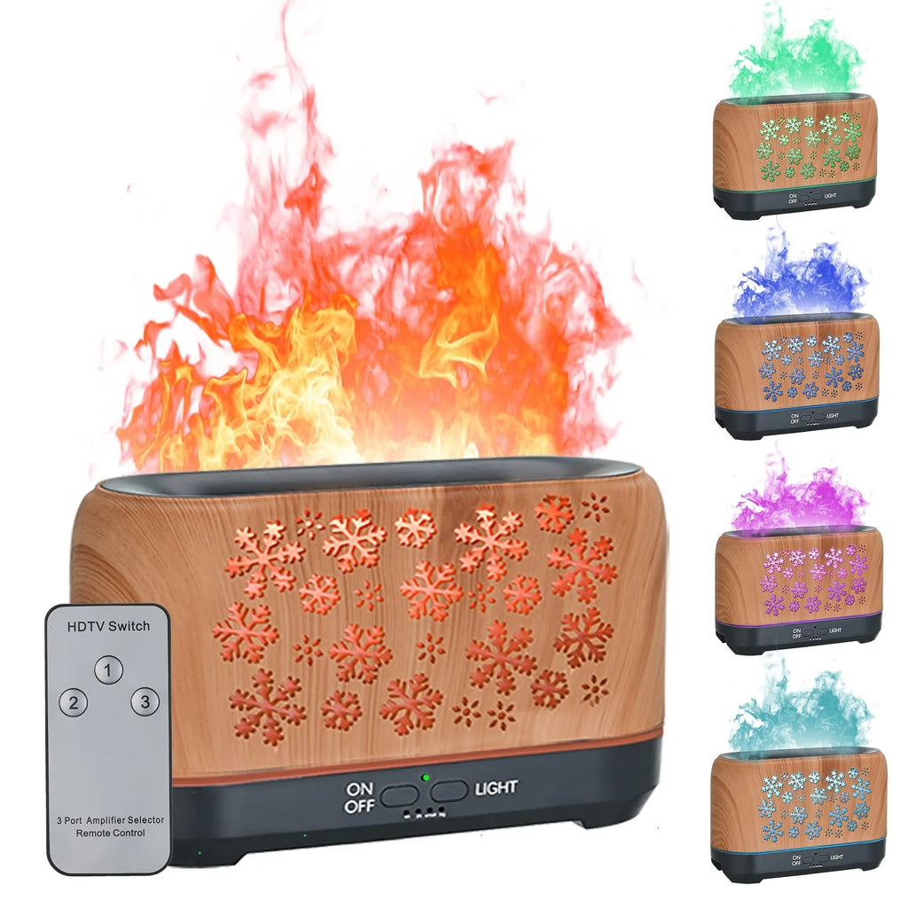 Colourful snowflake pattern wood grain aromatherapy humidifier with flame effect lighting on desktop