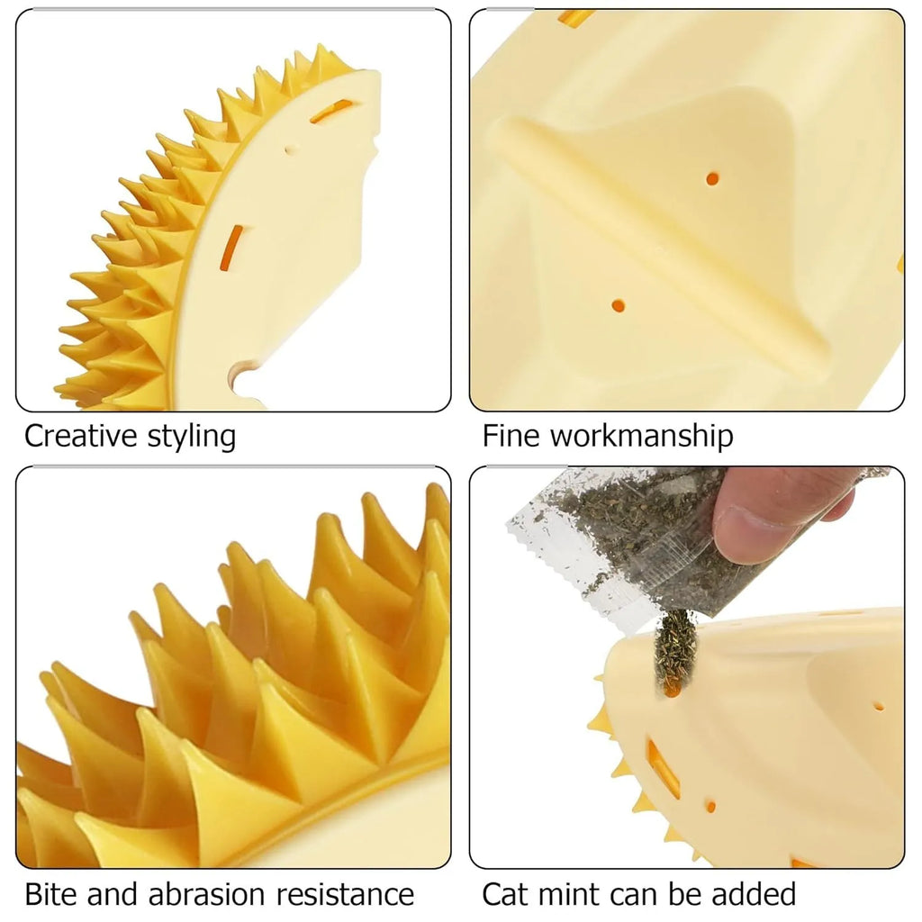 Yellow durian-shaped cat corner scratcher with massage comb mounted on wall corner