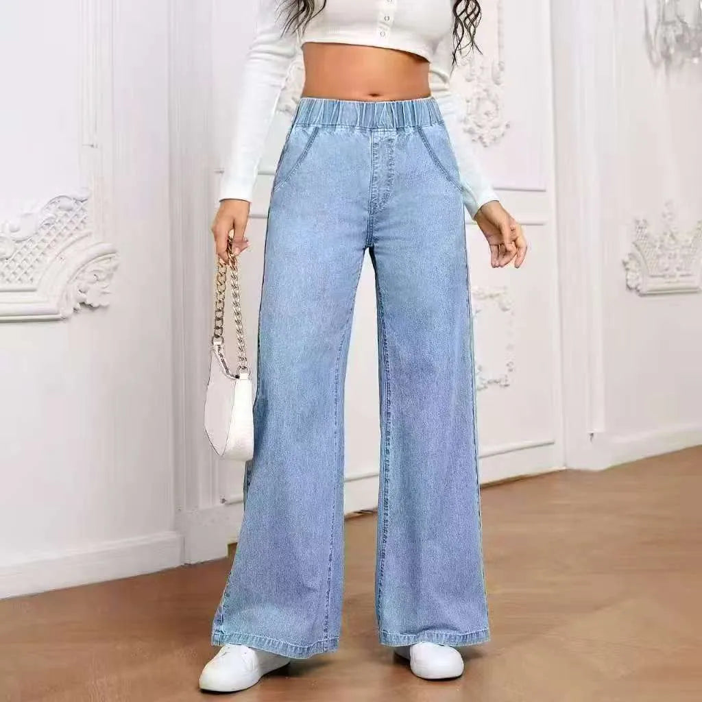 Light blue washed wide-leg denim trousers on hanger showing straight fit and mid-rise waist