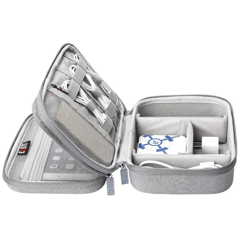 Black EVA digital storage bag for headphones and tech accessories with organisational compartments
