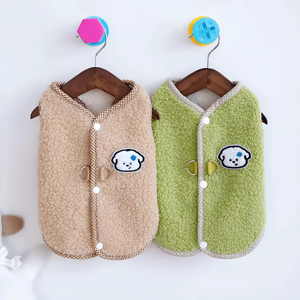 Green dog sweatshirt vest with coral fleece lining and leash ring for small pets