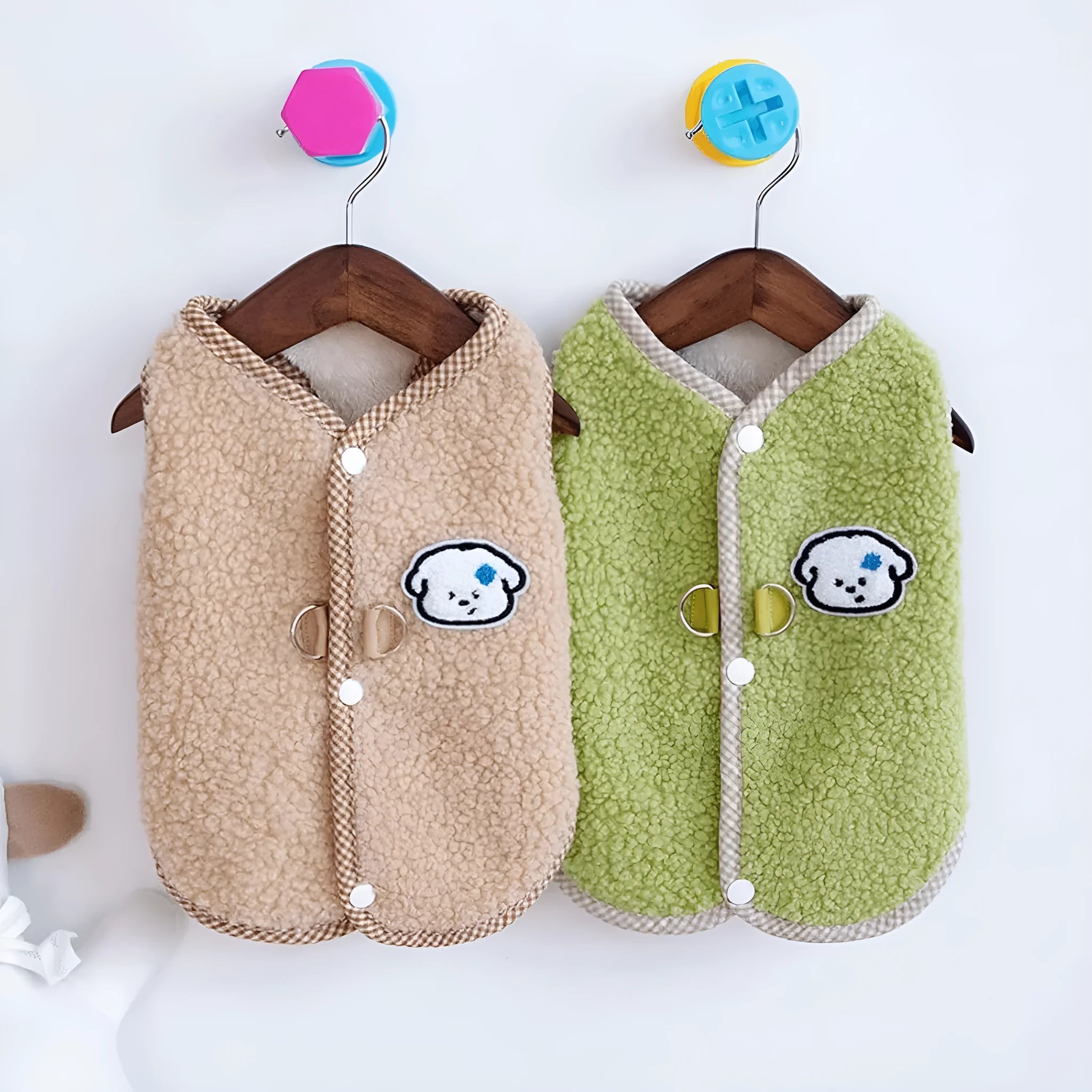 Green dog sweatshirt vest with coral fleece lining and leash ring for small pets