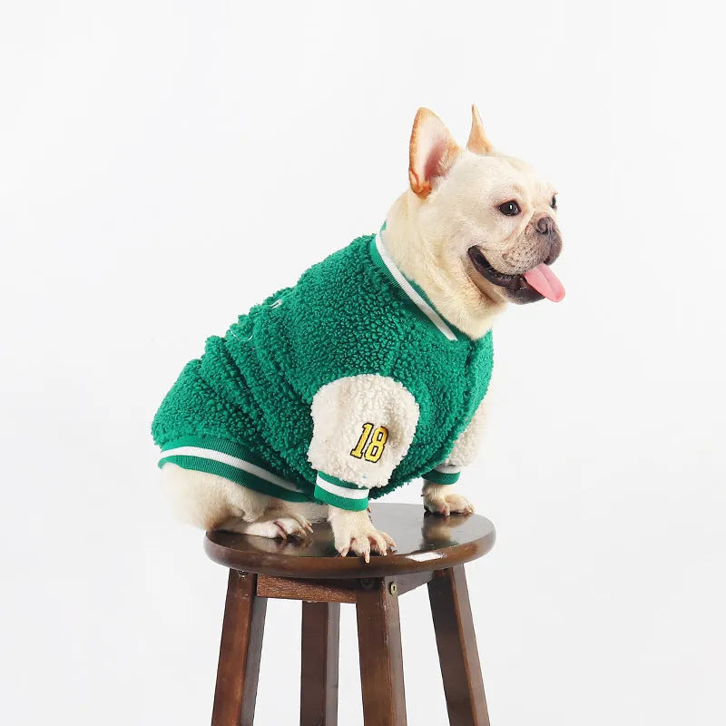 Green fleece-lined cotton winter dog clothing shown on medium to extra large breed