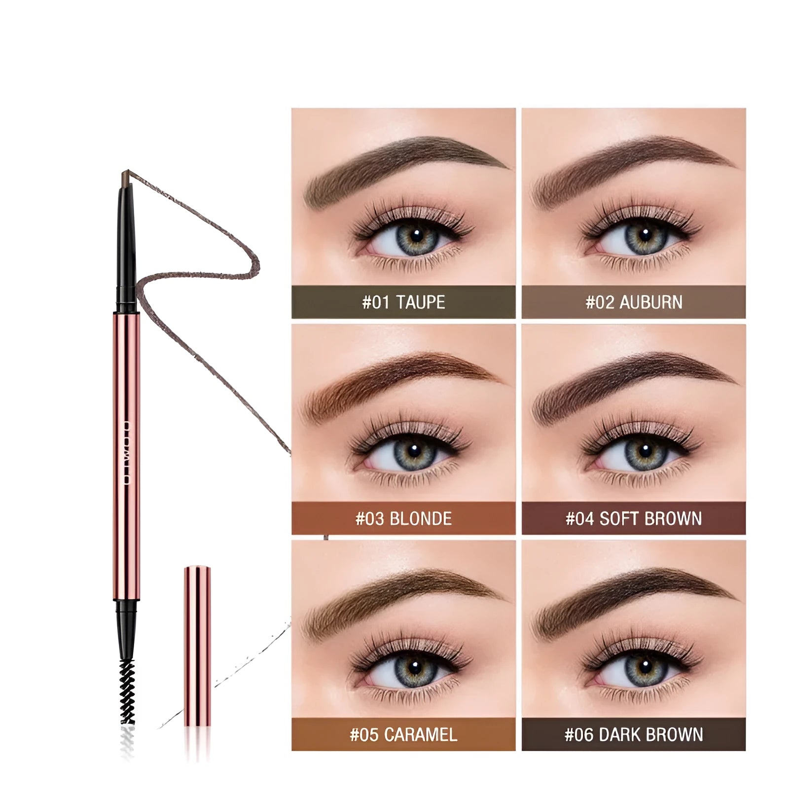 Brow make-up pencil in colour box with six shade options: Auburn, Blonde, Caramel, Dark Brown, Soft Brown, Taupe.
