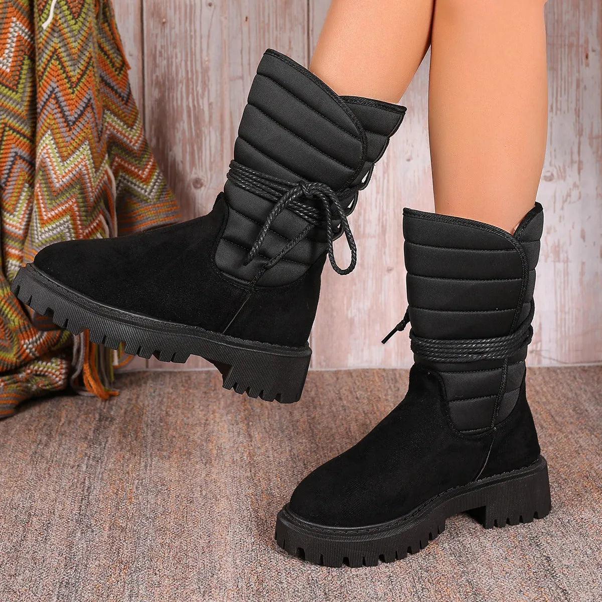 Women's chunky heel mid-tube snow boots in black with lace-up design and rubber sole