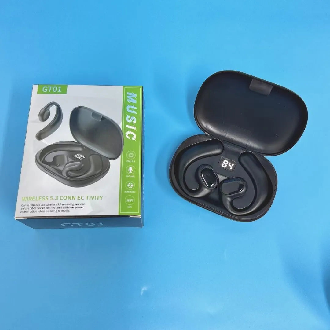 Black and white ear-mounted Bluetooth headset with digital display screen and breathing light indicator