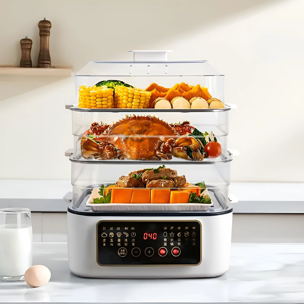 28L electric steamer with stainless steel steaming rack and PP inner liner