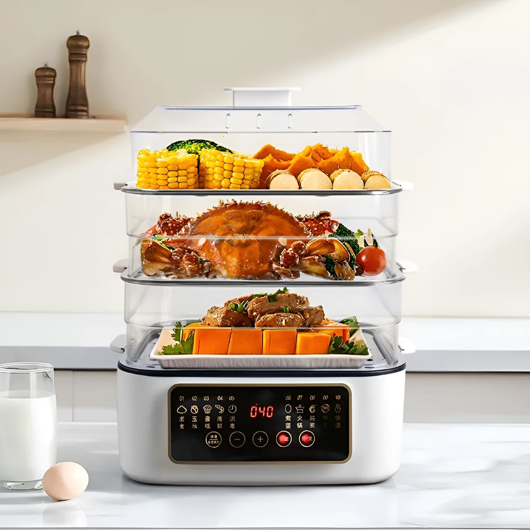 28L electric steamer with stainless steel steaming rack and PP inner liner