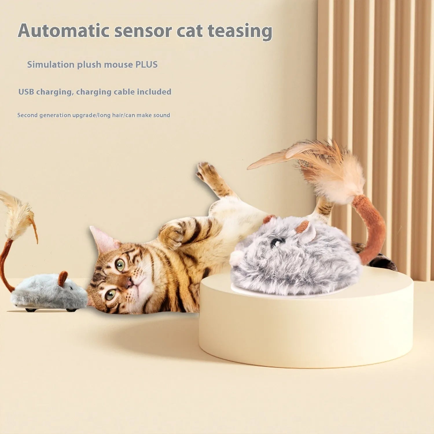 Electric cat toy with moving plush mouse on adjustable pole in pink, dark grey, or purple colours