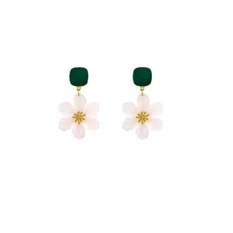 Dark green needle flowers sweet earrings with sterling silver tone finish