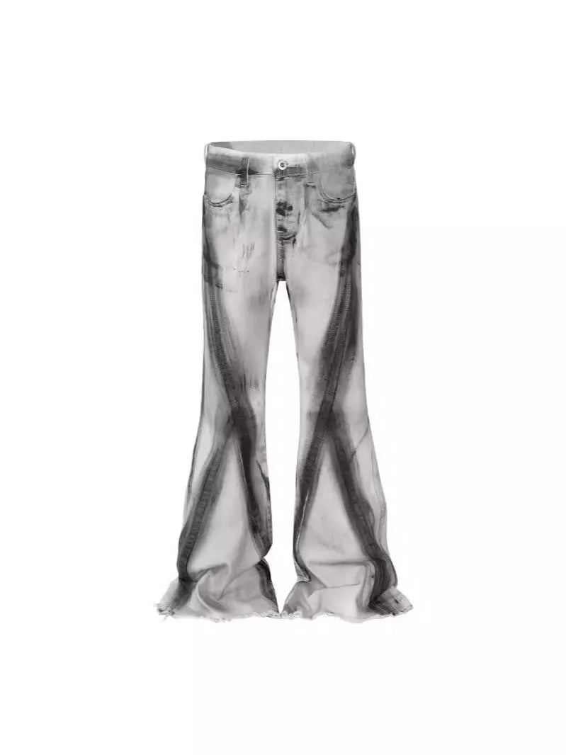 White denim jeans with a black ribbon gradient detail, showing a mid-waist fit and zip fly.