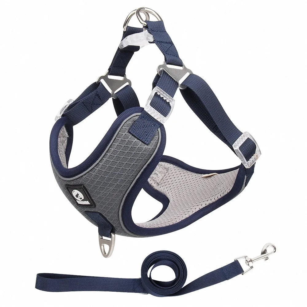 Adjustable dog harness with breathable mesh fabric and reflective piping in multiple colour options