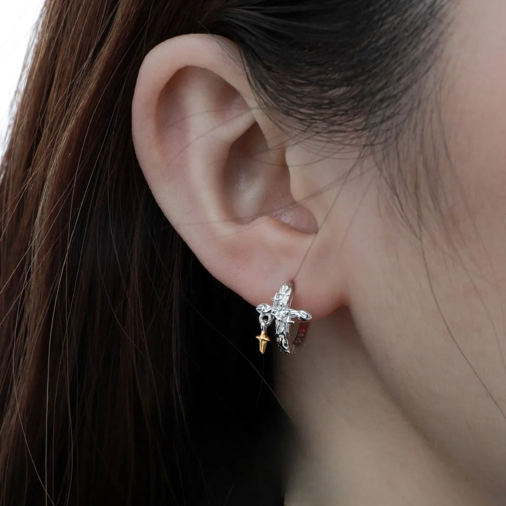 925 silver geometric cross earrings with white gold colour electroplating and round elements